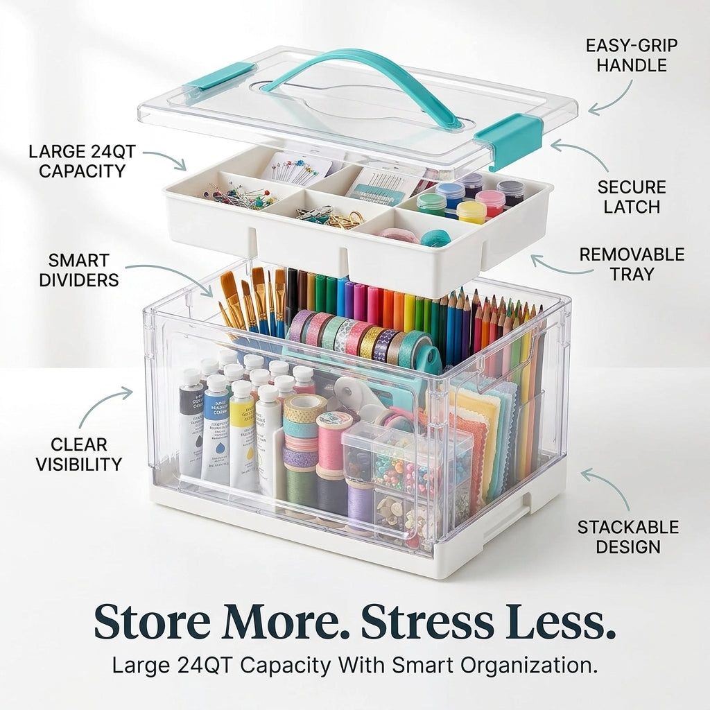 Clear Craft Organizer with Adjustable Dividers, Keep Every Supply in Its Place